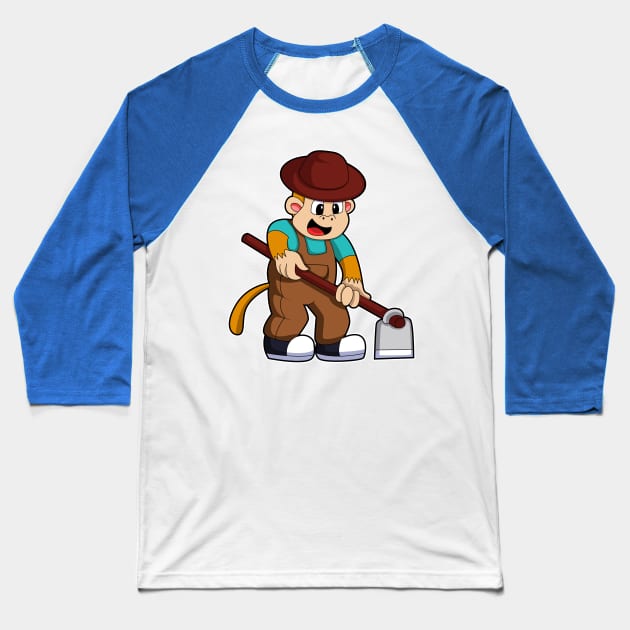 Monkey at Farmer with Rake Baseball T-Shirt by Markus Schnabel